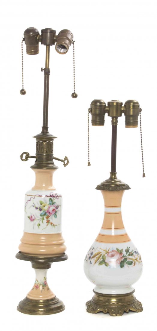 Two Enameled Opaline Glass Lamps, Height of taller 27: Two Enameled Opaline Glass Lamps, each worked to show flowers against peach and white reserves. Height of taller 27 inches. Property of a Lady, St. Augustine, Florida