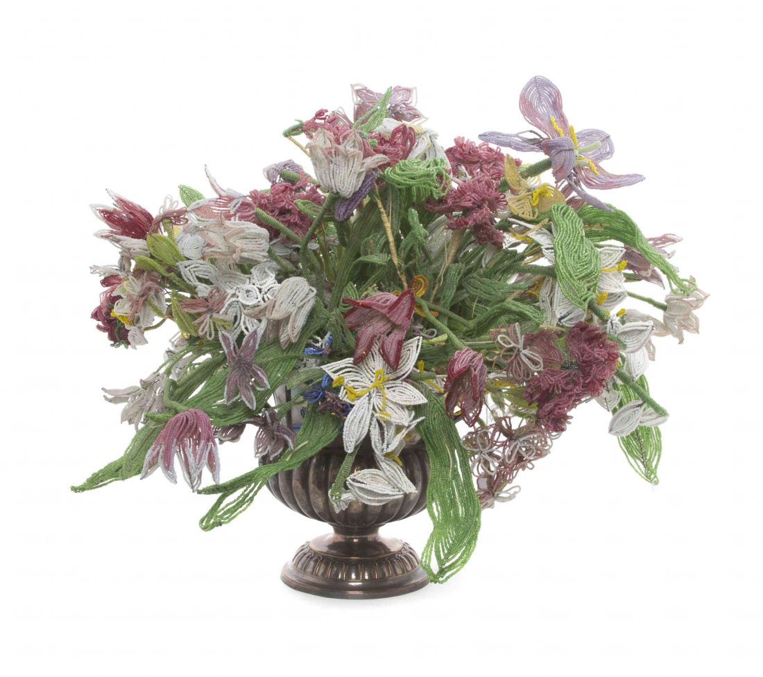 A Beadwork Floral Arrangement, Height 10 1/2 inches.: A Beadwork Floral Arrangement, issuing from a silver-plate urn. Height 10 1/2 inches. Property of a Lady, St. Augustine, Florida