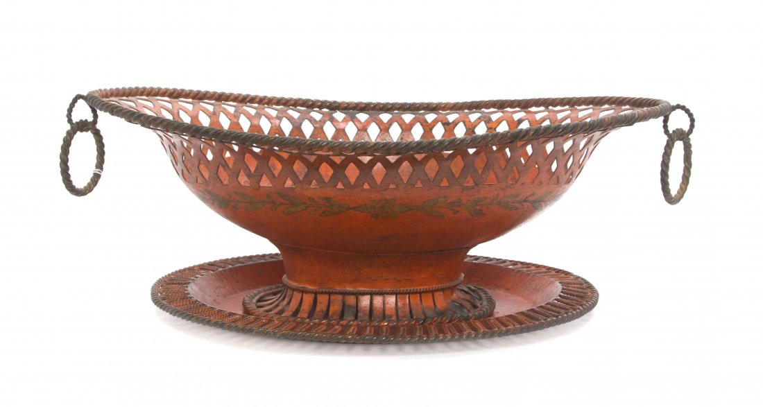 A French Tole Centerpiece Bowl and Underplate, Width 14: A French Tole Centerpiece Bowl and Underplate, 19TH CENTURY, the bowl of elongated form with a reticulated rim and ring handles. Width 14 1/2 inches. Property of a Lady, St. Augustine, Florida