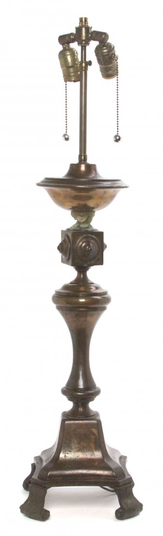 A Continental Copper Pricket, Height overall 33 inches.: A Continental Copper Pricket, mounted as a lamp with two lighting elements. Height overall 33 inches. Property of a Lady, St. Augustine, Florida