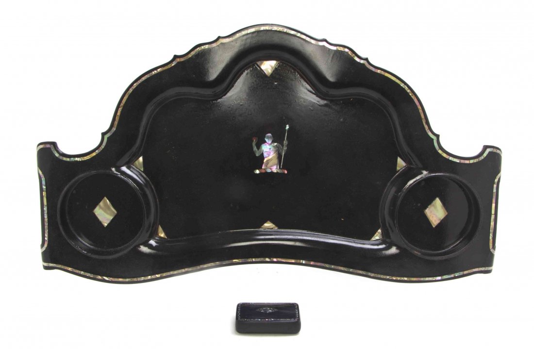 A Victorian Mother-of-Pearl Inlaid Papier Mache Butlers: A Victorian Mother-of-Pearl Inlaid Papier Mache Butlers Tray, RETAILED BY JENNENS & BETTRIDGE, worked to show a figure at the center, together with a papier mache box. Width of tray 29 inches.