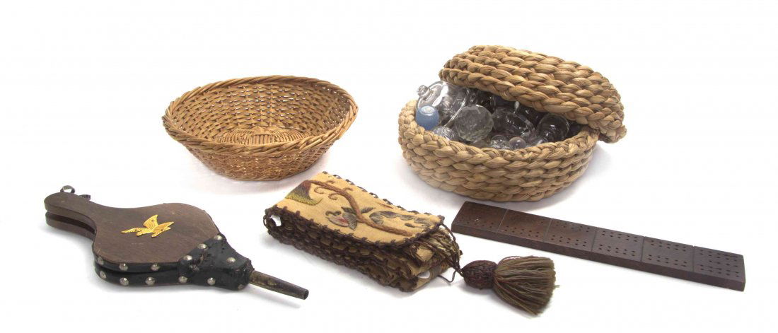 Five American Decorative Articles, Diameter of largest: Five American Decorative Articles, comprising a gameboard, an embroidered bell pole, a basket, a covered basket containing a collection of glass stoppers and a bellows. Diameter of largest basket 11 1