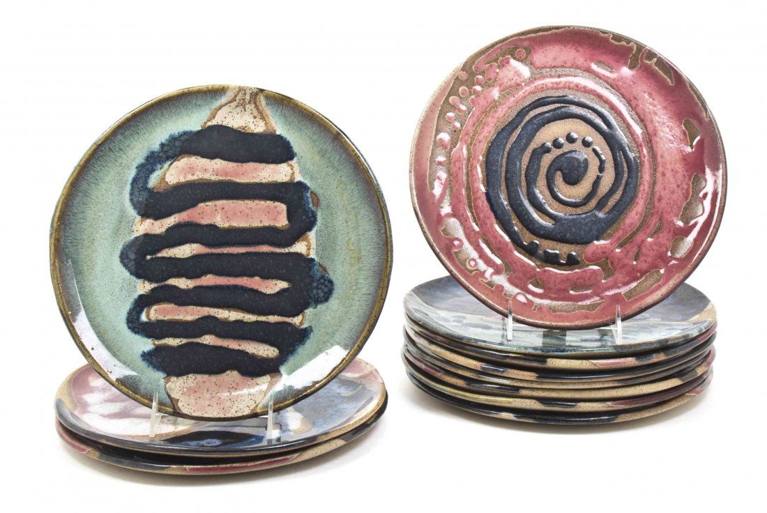 Eleven Connie Fox Plates, Diameter 11 1/4 inches.: Eleven Connie Fox Plates, each with varying abstract decoration. Diameter 11 1/4 inches.
