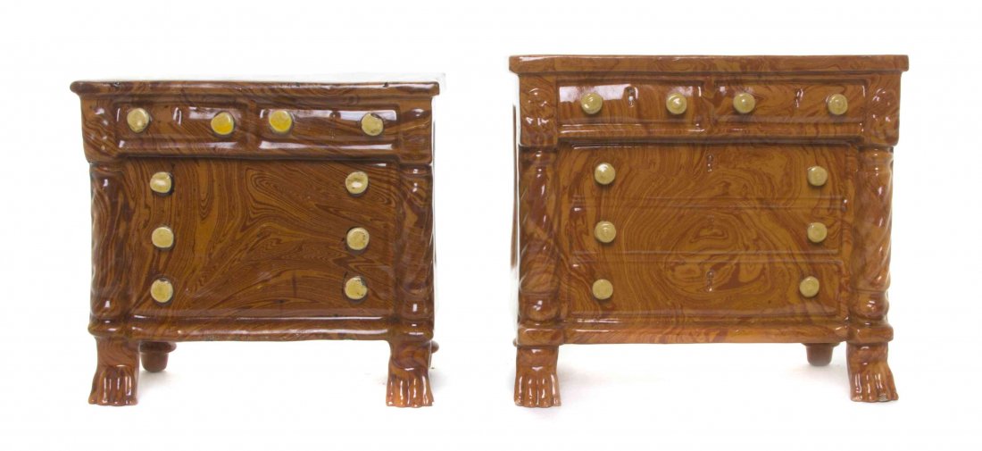 Two Marbled Redware Banks, Height of taller 6 1/4: Two Marbled Redware Banks, each in the form of a chest of drawers. Height of taller 6 1/4 inches.