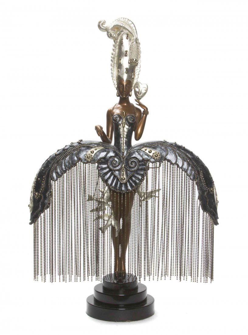 A Polychrome Bronze Figure, Romain de Tirtoff Erte: A Polychrome Bronze Figure, Romain de Tirtoff Erte (Russian, 1892-1990), dancing girl with chain skirt. Height 23 5/8 inches. Property from the Frank Plevo Trust, Las Vegas, Nevada