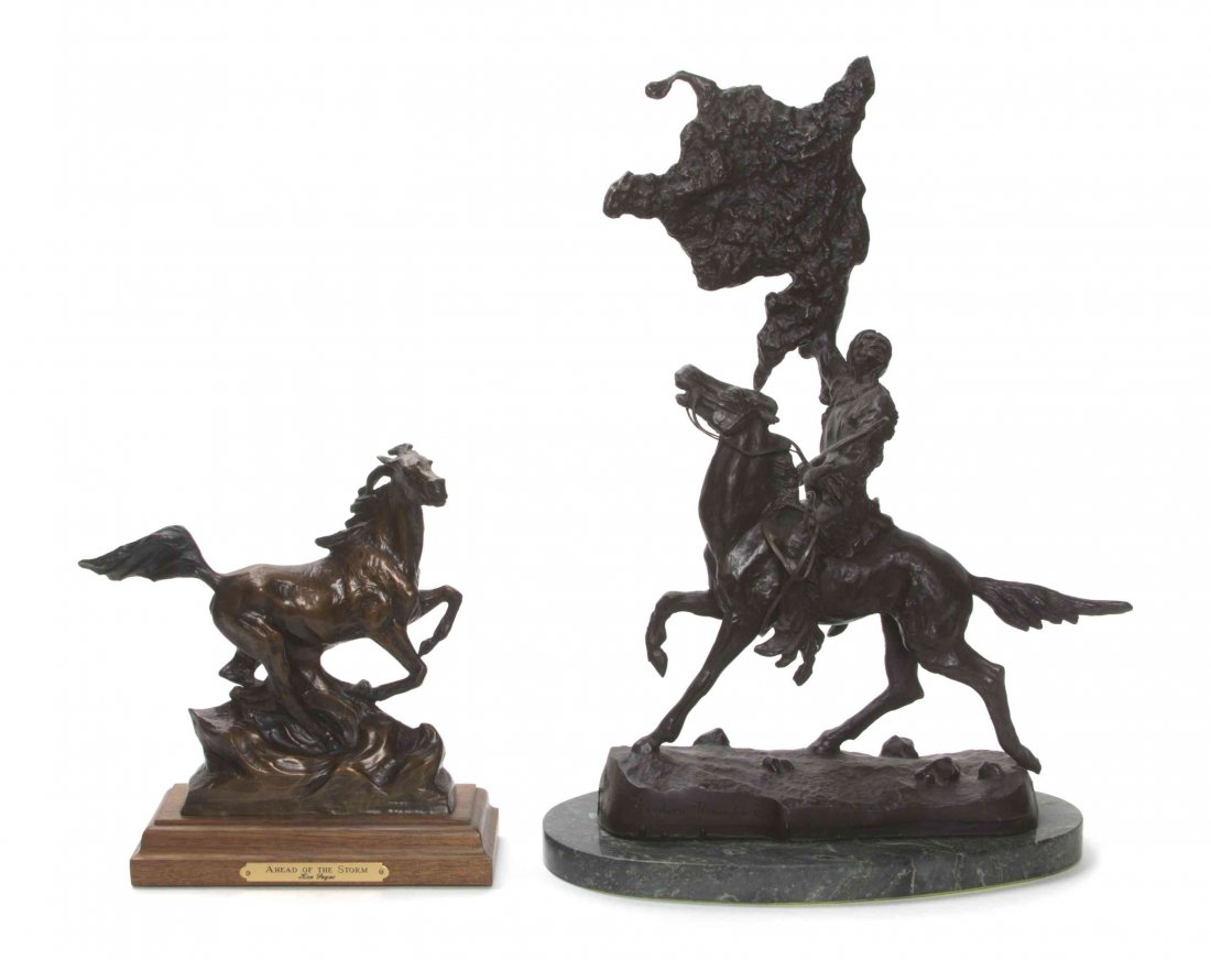 Two American Bronze Equestrian Figures, Height of: Two American Bronze Equestrian Figures, the first after Frederick Remington, the second Ken Payne. Height of taller overall 17 inches. Property from the Frank Plevo Trust, Las Vegas, Nevada