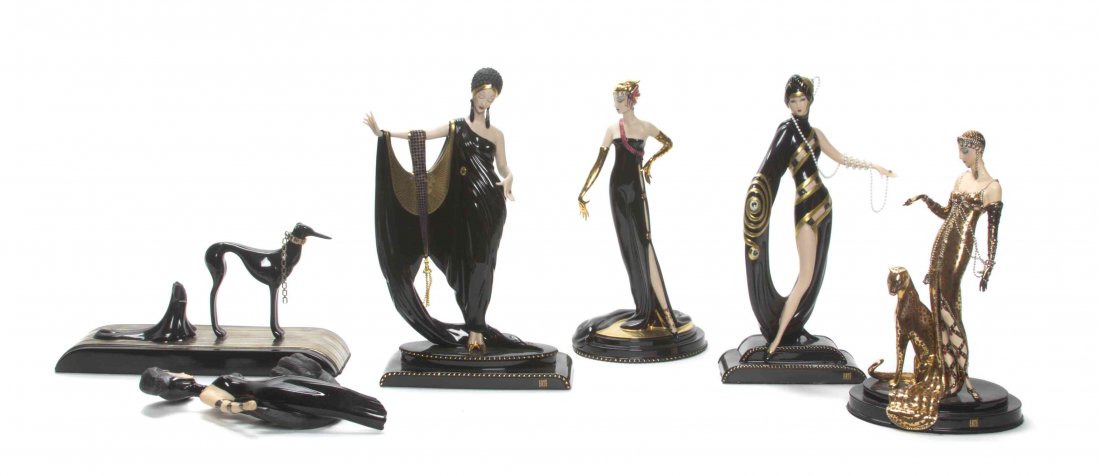 Four Erte Porcelain Figures, Height of tallest 10 1/4: Four Erte Porcelain Figures, depicting Pearls and Emeralds,, Untamed Beauty, Glamour, Ocelot, together with a broken example of Symphony in Black. Height of tallest 10 1/4 inches. Property from the Fr