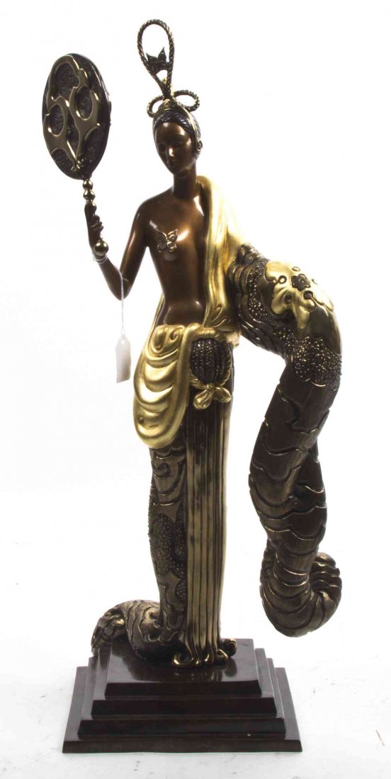 A Polychrome Bronze Figure, Romain de Tirtoff Erte: A Polychrome Bronze Figure, Romain de Tirtoff Erte (Russian, 1892-1990), Bamboo, depicting an art deco maiden with a fan and butterfly, stamped 1988/Chalk & Vermillion and Seven Arts, numbered 21 of 3