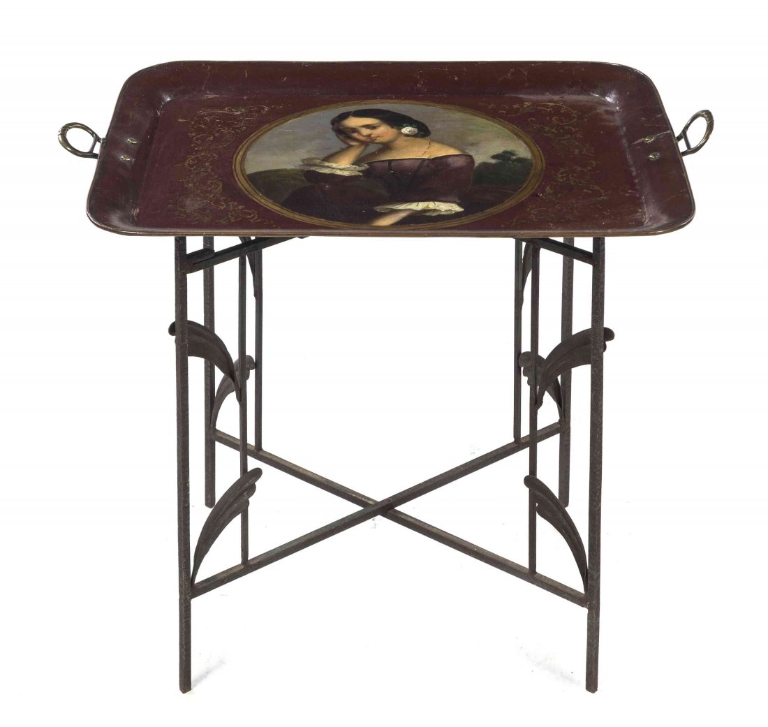 A Victorian Tole Tray, Width 28 1/4 inches.: A Victorian Tole Tray, of rectangular handled form centered with a portrait of a lady, raised on an associated stand. Width 28 1/4 inches.