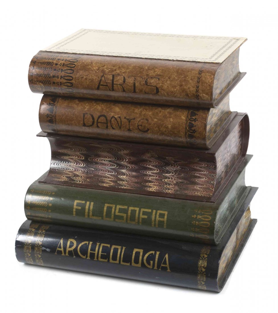 A Tole Faux Book Form Side Table, Height 19 1/2 inches.: A Tole Faux Book Form Side Table, having a hinged lid opening to a vacant interior. Height 19 1/2 inches. Property of a Lady, St. Augustine, Florida