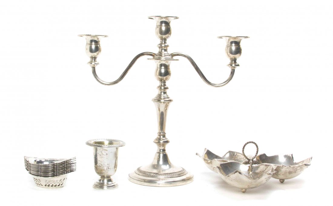 A Group of American Silver Table Articles, , comprising: A Group of American Silver Table Articles comprising a three-part leaf form dish, Sciarrotta, retailed by Black Starr & Gorham, a weighted three-light candelabra, Fisher Silversmiths, a weighted cigar