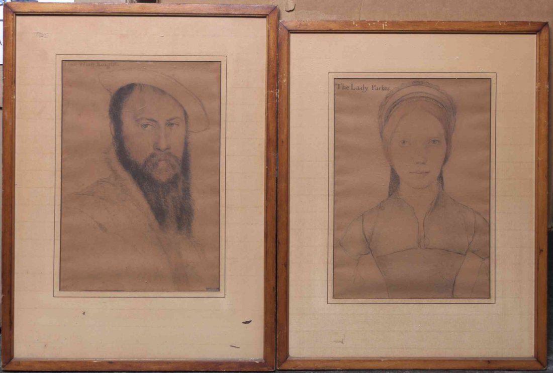 Francesco Bartolozzi, (Italian, 1727-1815), The Lady: Francesco Bartolozzi (Italian, 1727-1815) The Lady Parker and Tho Wiatt Knight (after Hans Holbein) lithographs with hand coloring 14 x 9 5/8 inches (visible). Property from the Collection of Alan Fri