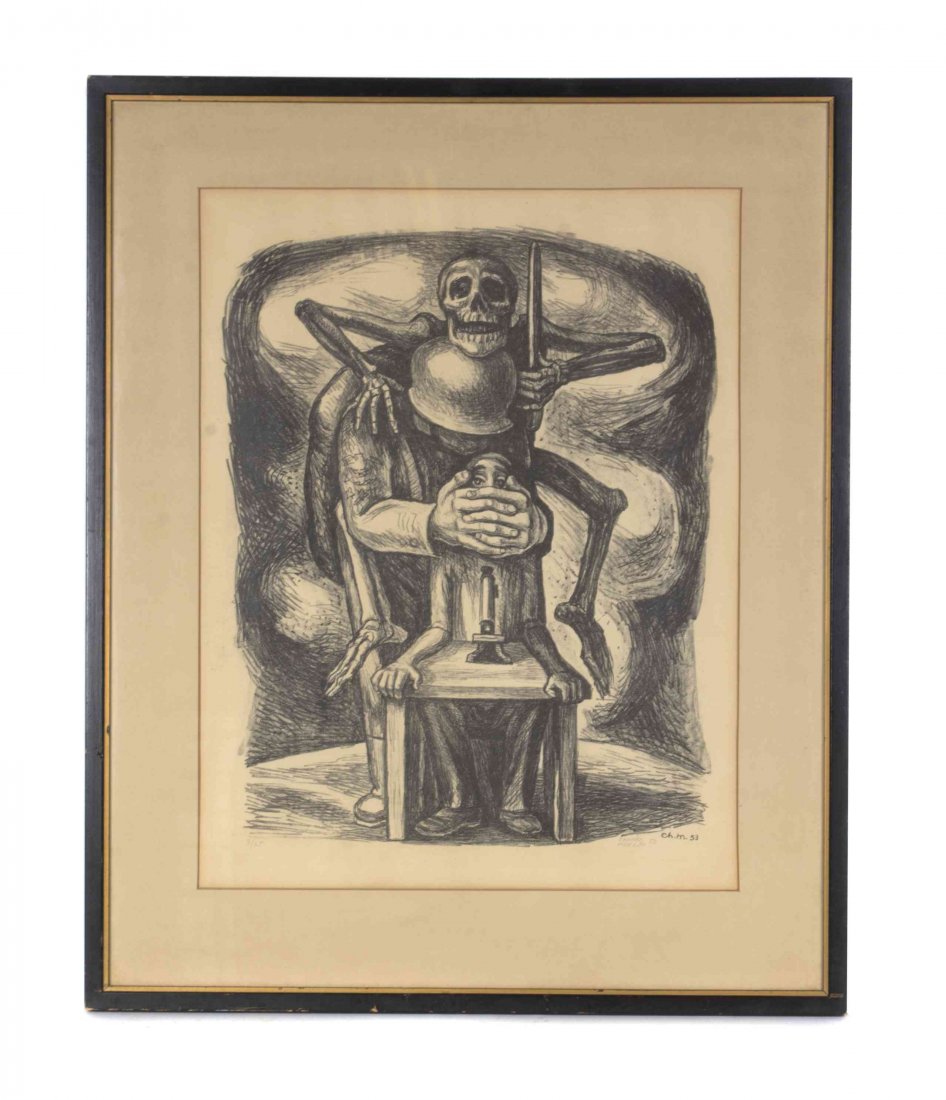 Jose Chavez Morado, (Mexican, 1909-2002), Skeleton,: Jose Chavez Morado (Mexican, 1909-2002) Skeleton, Soldier and Scientist, 1953 lithograph edition 3/25, signed Chavez Morado and dated (lower right) 19 1/4 x 15 inches. Property from the Collection of 