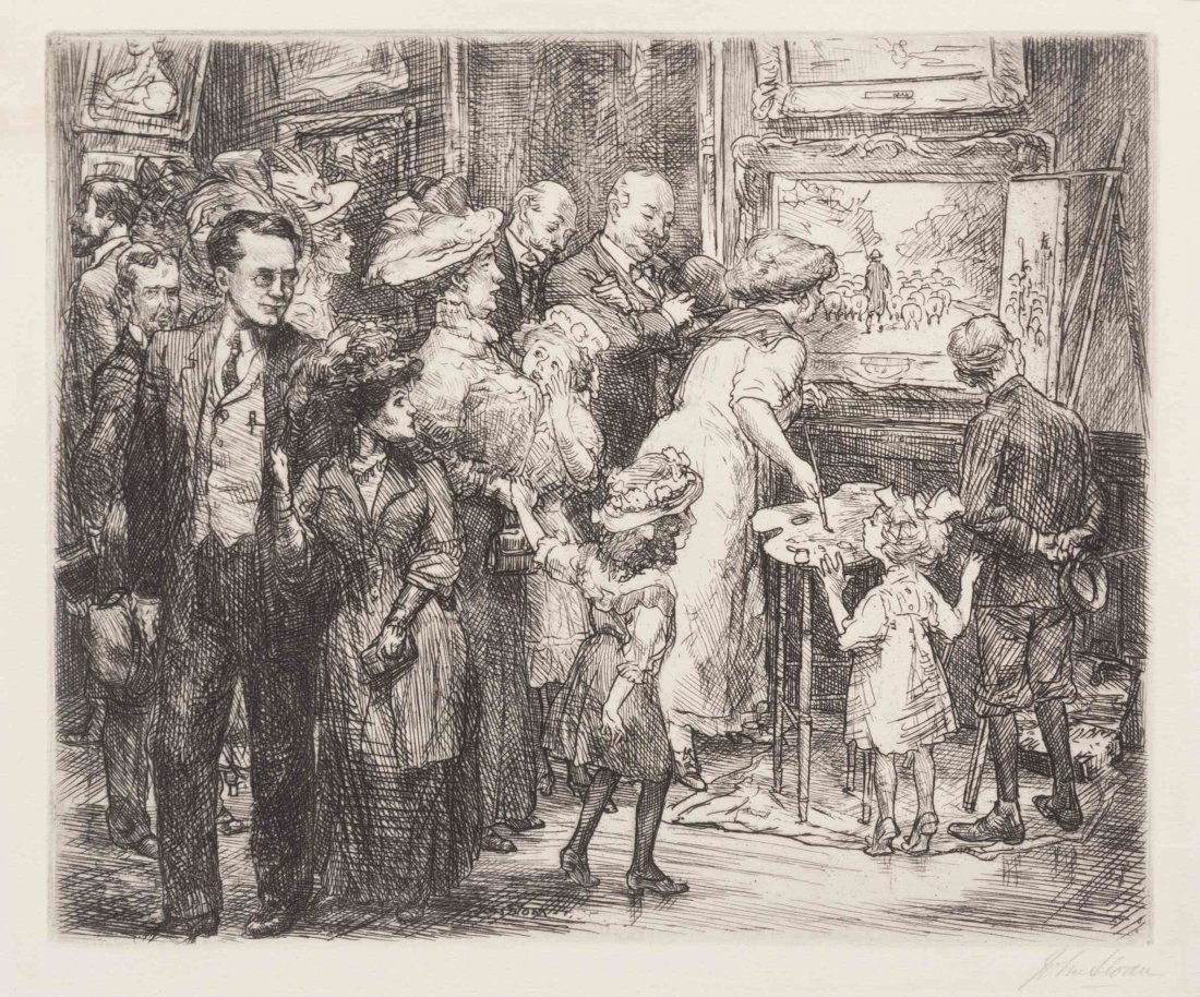 John French Sloan, (American, 1871-1951), Copyist at: John French Sloan (American, 1871-1951) Copyist at the Metropolitan Museum, 1908 etching signed John Sloan and titled (lower right) 7 1/2 x 8 3/4 inches. Condition: There is residue from adhesive in t