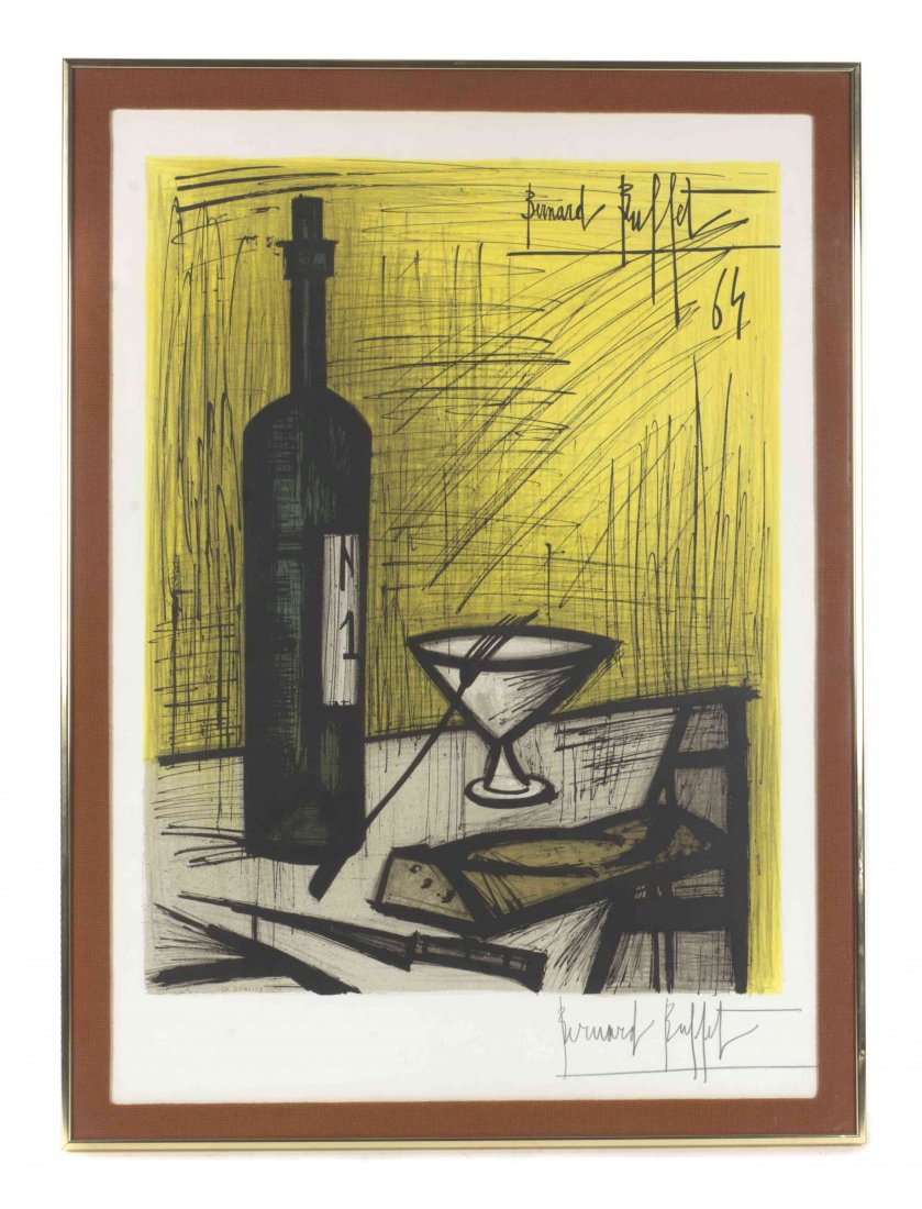 Bernard Buffet, (French, 1928-1999), Wine Bottle and: Bernard Buffet (French, 1928-1999) Wine Bottle and Glass, 1964 color lithograph signed Bernard Buffet (lower right) 22 x 16 3/4 inches.