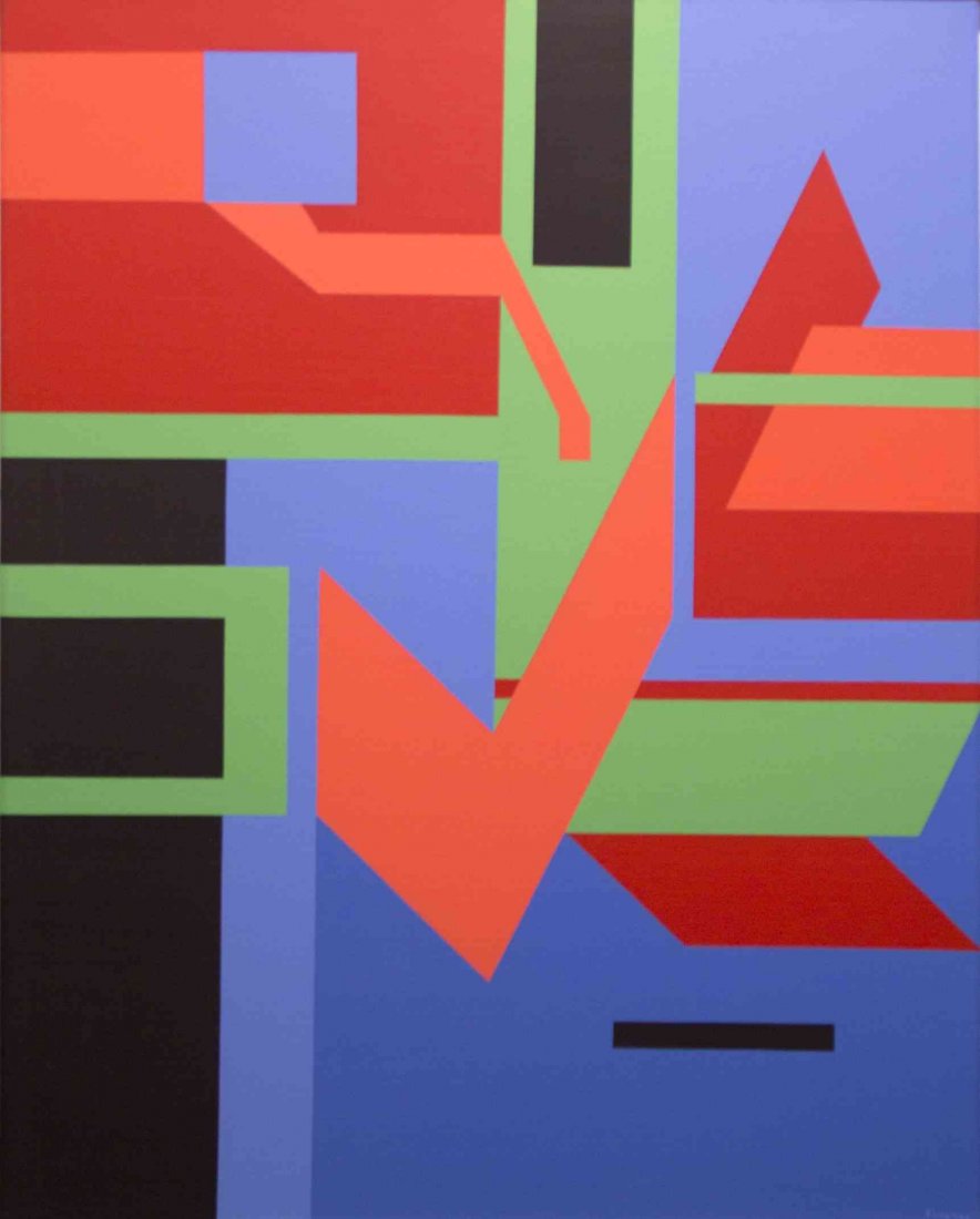 Gifford Loomer, (American, b. 1916), Blue Abstract: Gifford Loomer (American, b. 1916) Blue Abstract hard edge oil on canvas signed G. Loomer (lower right) 60 x 47 3/4 inches.