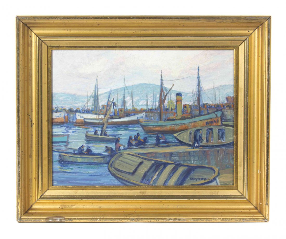 Sidney Wiggins, (American, 20th century), Harbor Scene: Sidney Wiggins (American, 20th century) Harbor Scene oil on board signed Sidney M. Wiggins (lower right) 13 x 17 inches.