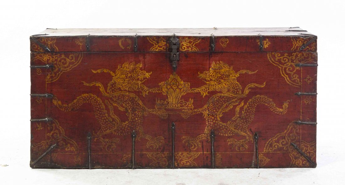 An Indonesian Chest, Height 19 x width 41 x depth 14: An Indonesian Chest, with iron mounts and dragon decoration. Height 19 x width 41 x depth 14 1/2 inches. Property from the May Weber, M.D., Collection, Chicago, Illinois to benefit the May Weber Anthr