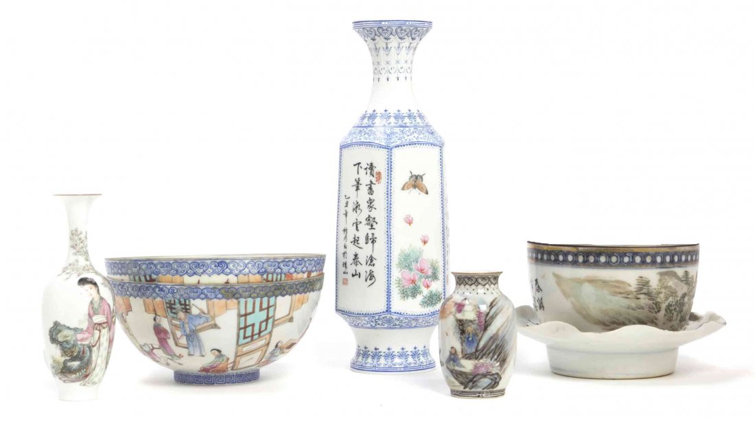 A Group of Five Chinese Eggshell Porcelain Articles,: A Group of Five Chinese Eggshell Porcelain Articles, together with a bowl. Height of tallest 8 1/2 inches.