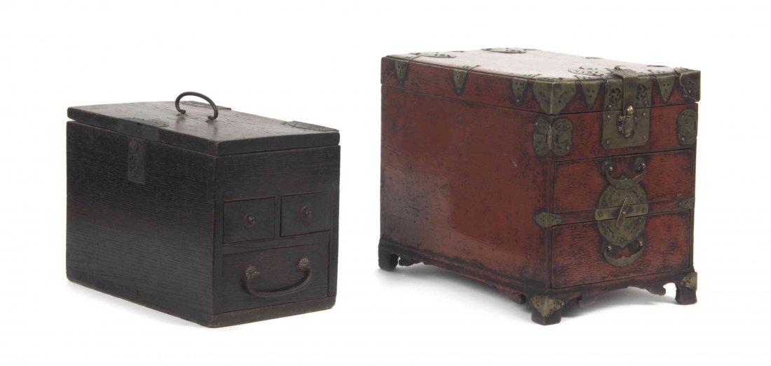 Two Chinese Hardwood Chests, Height of first 10 5/8: Two Chinese Hardwood Chests, one having red painted finish with shaped metal mounts depicting bats, coins, and wan symbols with a tortoise form clasp, the other having a dark brown finish with bale ha