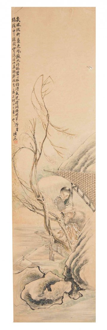 A Chinese Ink Painting on Paper, Height 51 1/2 x width: A Chinese Ink Painting on Paper, depicting an old fisherman and attendant, bearing calligraphic inscription and signed Chen Fan with one seal to the upper left register. Height 51 1/2 x width 14 inche