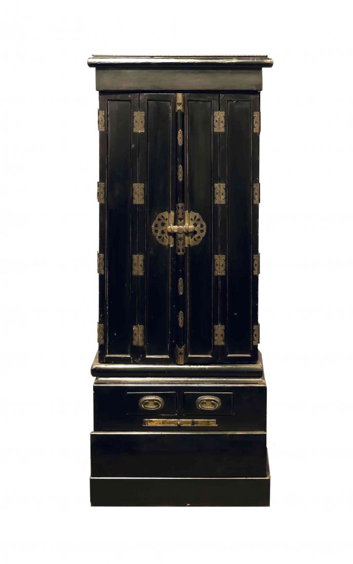 A Japanese Gilt and Black Lacquer Shrine Cabinet,: A Japanese Gilt and Black Lacquer Shrine Cabinet, LATE EDO OR EARLY MEIJI PERIOD, the hinged folding double doors opening to reveal another set of doors, with mesh covering, opening to reveal a tiered
