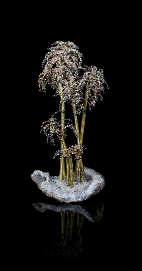 A Tree Sculpture with Various Mineral Specimens,, ,: A Tree Sculpture with Various Mineral Specimens, consisting of a cluster of gold vermeil wirework trees, their trunks in closely wrapped wire, the branches tipped with wire strung polished mother-of-p