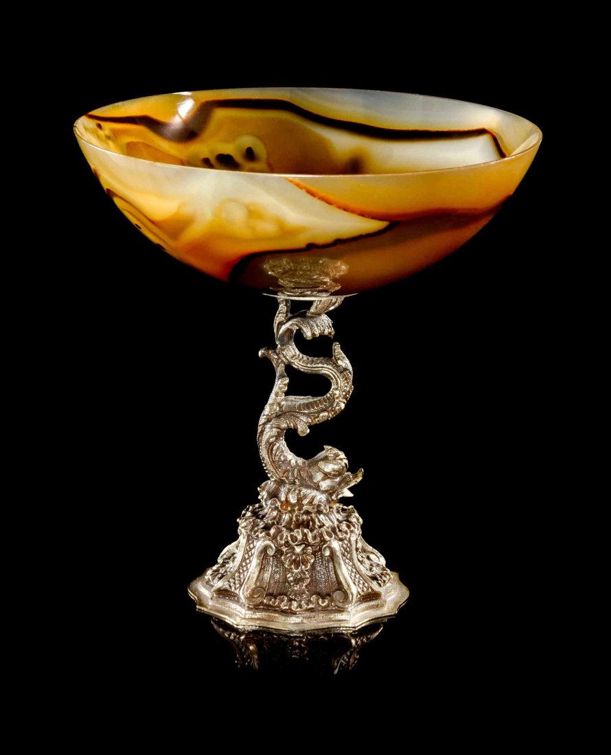 A Continental Silver Gilt Mounted Agate Coupe, Late: A Continental Silver Gilt Mounted Agate Coupe, Late 19th Century, consisting of a finely carved banded agate dish exhibiting a complex pattern and variegated colors including pale yellow, light grey a