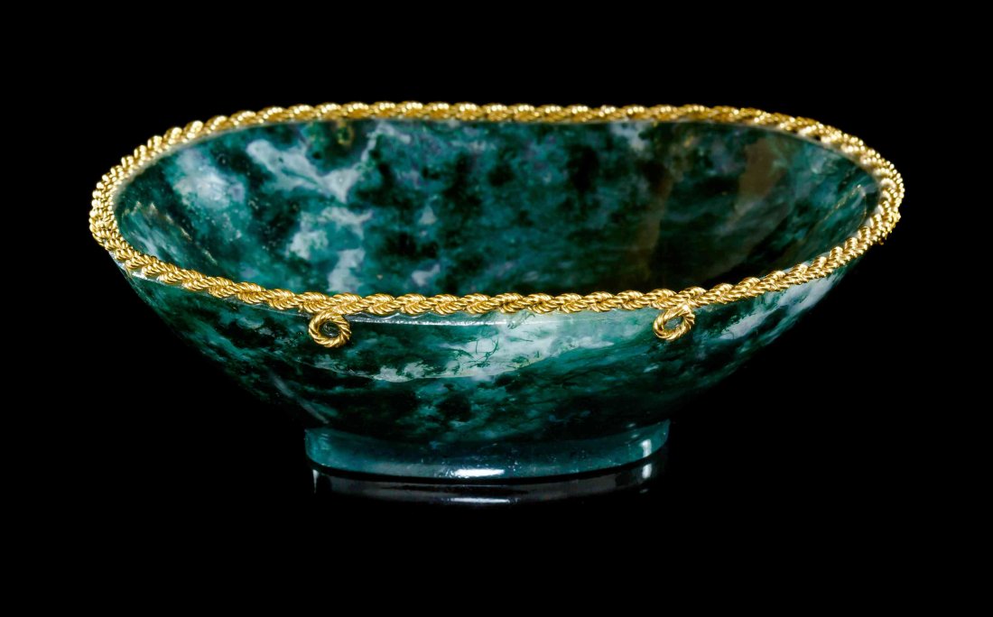 A Silver Gilt Mounted Dendritic Quartz Bowl, Boucheron,: A Silver Gilt Mounted Dendritic Quartz Bowl, Boucheron, Early 20th Century, Paris, France, a coupe composed of translucent quartz richly patterned with deep green dendritic inclusions, the top accente