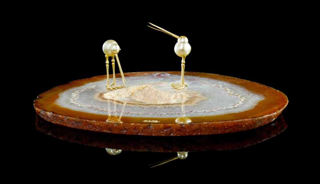 An Agate, Cultured South Sea Golden Pearl and Gold: An Agate, Cultured South Sea Golden Pearl and Gold Objet D'Art, Andrew Grima, Circa 1990, London, United Kingdom, a charming and whimsical sculpture, incorporating two baroque golden pearls with appli