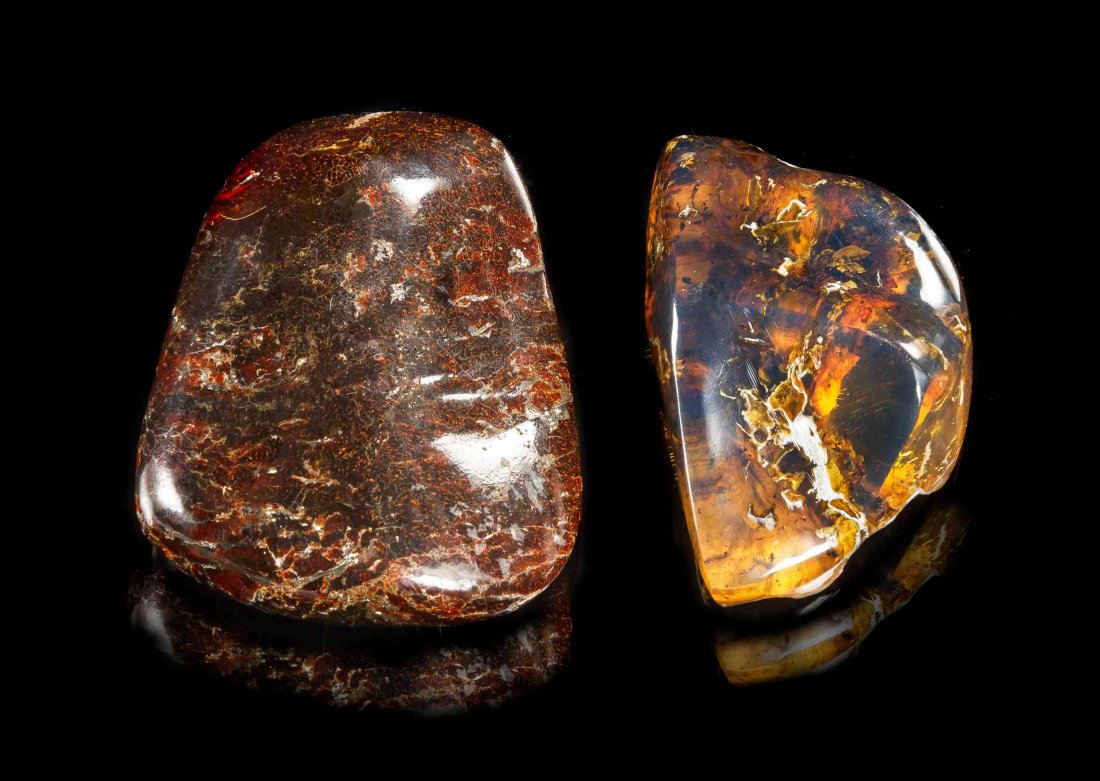 A Collection of Polished Amber Nugget Specimens,: A Collection of Polished Amber Nugget Specimens, Oligocene, La Toca Mines, Dominican Republic, consisting of a fluorescent blue transparent piece of amber, together with a larger semi-translucent ambe