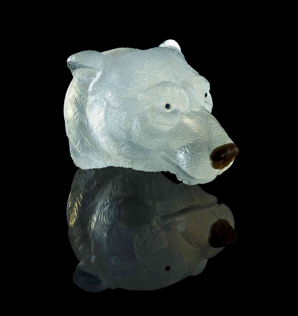 A Rock Crystal Quartz Polar Bear Head Decorative Box,: A Rock Crystal Quartz Polar Bear Head Decorative Box, Manfred Wild for Eberhard Bank, Idar-Oberstein, Germany, inspired by its frigid origins, the polar bear head has been carved from an exceptionally