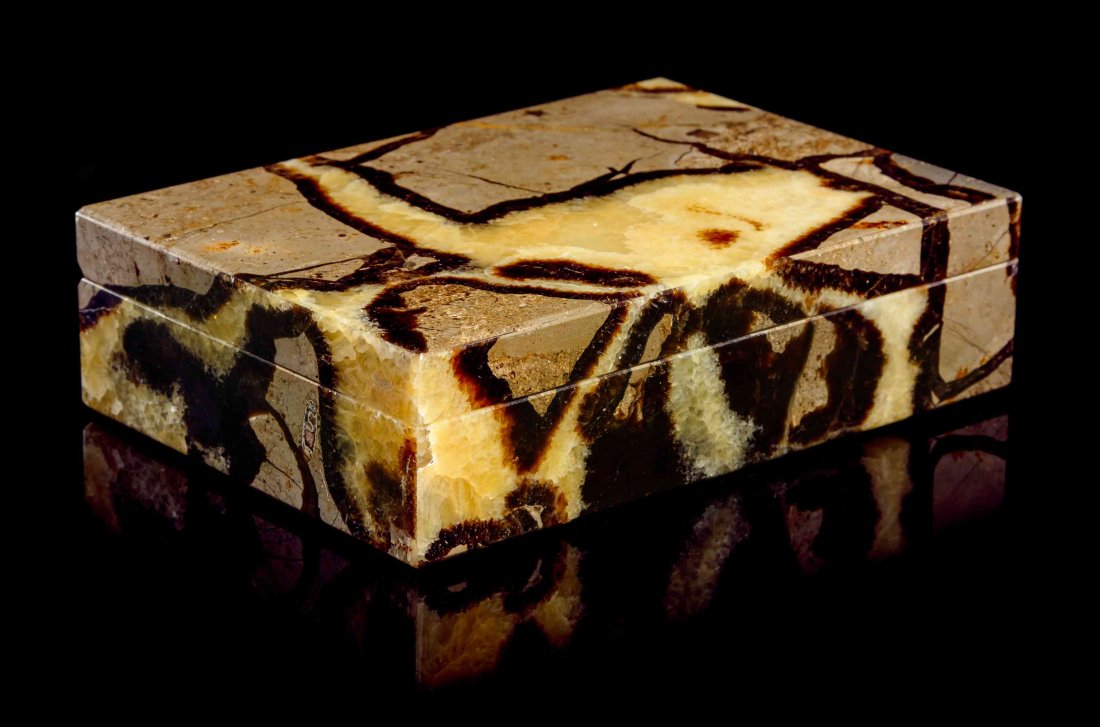 A Septarian, Aragonite and Onyx Decorative Box,,: A Septarian, Aragonite and Onyx Decorative Box, Madagascar, the exotic pattern and variety of colors are used to full effect in this hinged box carved to reveal the intergrown septarian, calcite and a