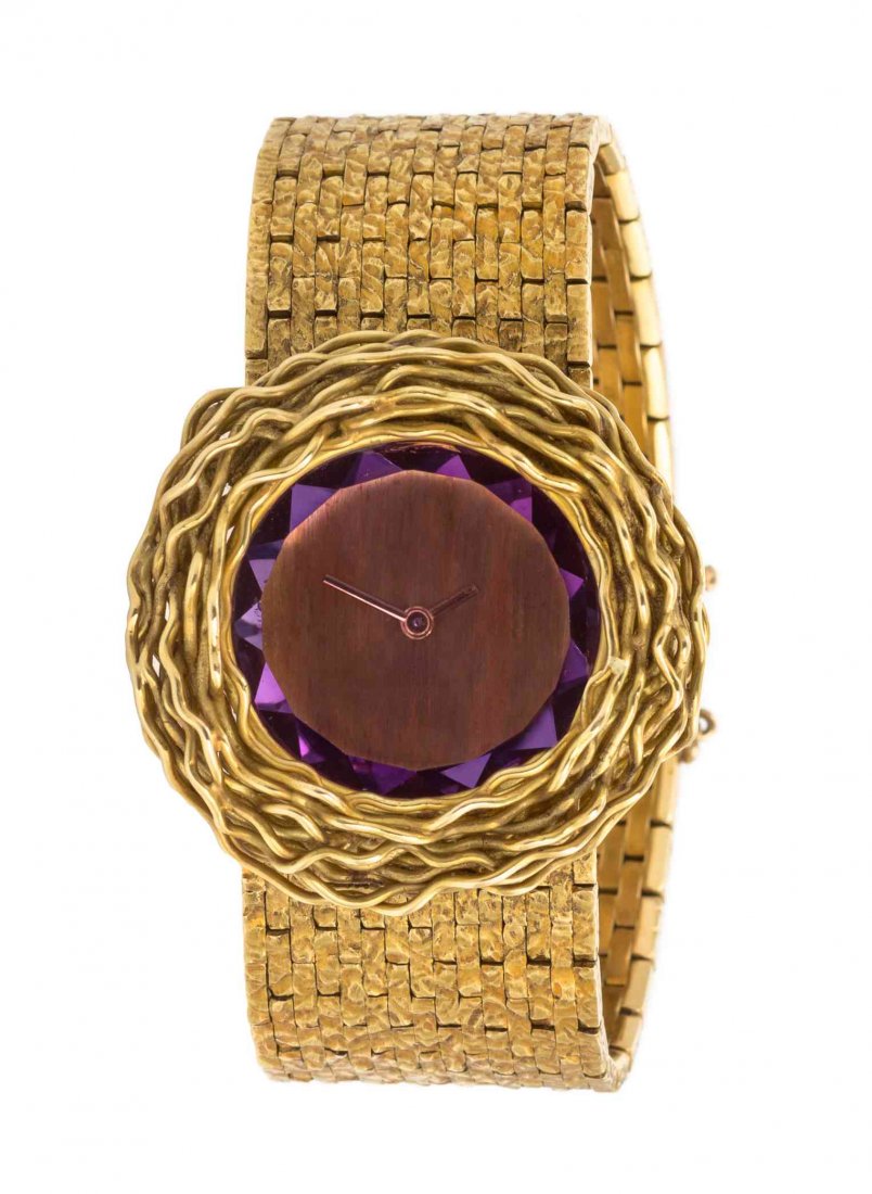 A Vintage 18 Karat Yellow Gold About Time" Wristwatch,: A Vintage 18 Karat Yellow Gold "About Time" Wristwatch, Andrew Grima for Omega, Circa 1970, containing a tablet cut amethyst watch crystal with faceted edges, 37.00 x 37.00 mm case dimensions, brushed