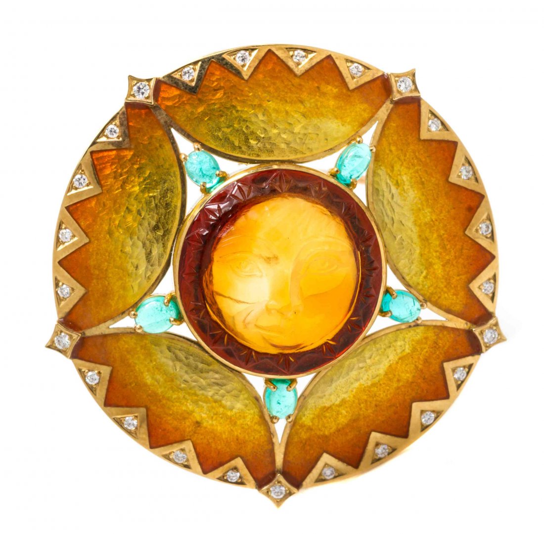 An 18 Karat Yellow Gold, Multi Gem, Polychrome Enamel: An 18 Karat Yellow Gold, Multi Gem, Polychrome Enamel and Diamond Brooch, Stephen Webster, of circular design, centering on a carved cabochon cut citrine depicting a whimsical solar face set within a