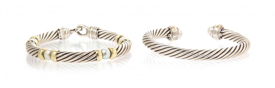 A Collection of Sterling, 14 Karat Yellow Gold and: A Collection of Sterling, 14 Karat Yellow Gold and Cultured Pearl Cable Link Bracelets, David Yurman, consisting of a silver cable cuff bangle bracelet with gold accents containing two pearls measurin
