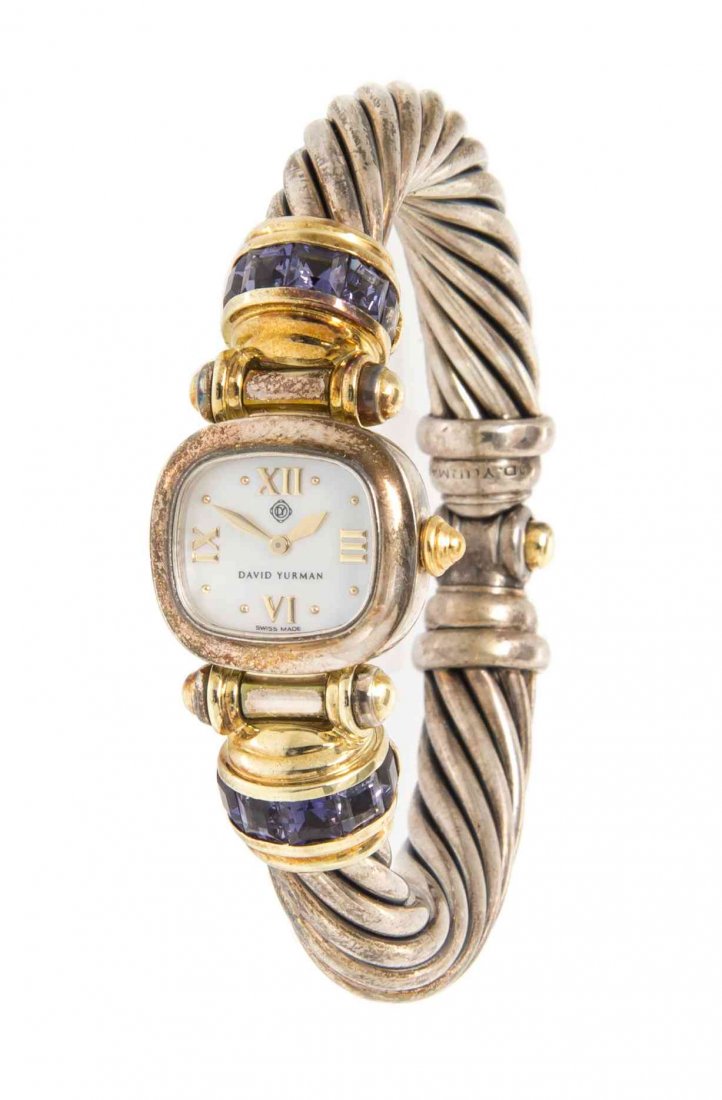 A Sterling Silver, 14 Karat Yellow Gold and Iolite: A Sterling Silver, 14 Karat Yellow Gold and Iolite Wristwatch, David Yurman, 21.00 x 18.00 mm case measurements, mother-of-pearl dial signed David Yurman, applied gold Roman and dot numerals, gold swo