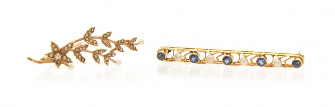 A Collection of Yellow Gold, Seed Pearl, Diamond and: A Collection of Yellow Gold, Seed Pearl, Diamond and Sapphire Bar Brooches, consisting of a branch motif brooch containing one old mine cut diamond weighing approximately 0.05 carat and numerous seed 