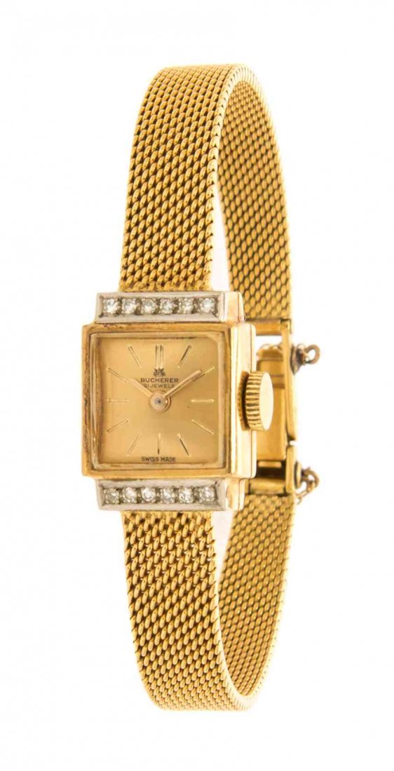 An 18 Karat Yellow Gold and Diamond Watch, Bucherer,: An 18 Karat Yellow Gold and Diamond Watch, Bucherer, containing 12 round brilliant cut diamonds weighing approximately 0.12 carat total, matte gold dial signed Bucherer, applied gilt baton numerals, g