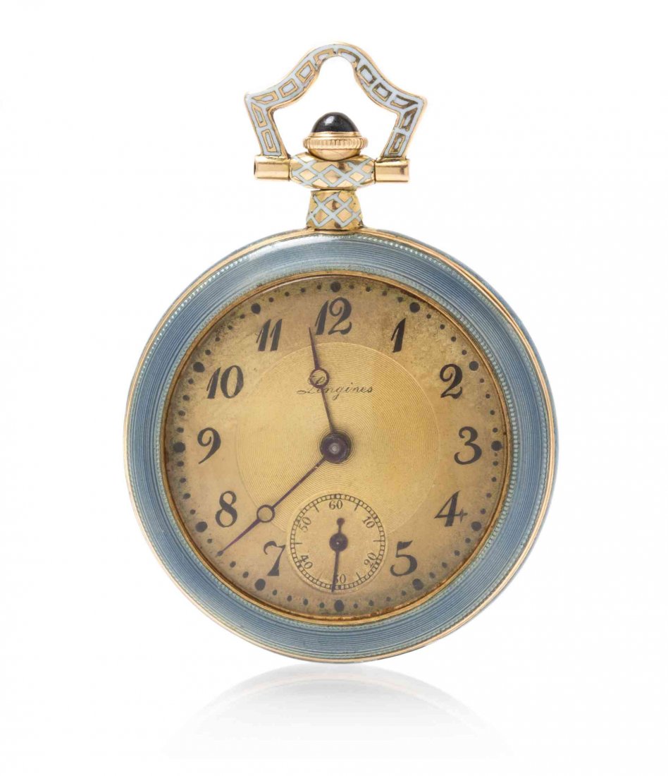 A 14 Karat Yellow Gold Polychrome Enamel Open Face: A 14 Karat Yellow Gold Polychrome Enamel Open Face Pendant Watch, Longines, 26.00 mm case diameter, gilt dial with outer matte finish chapter ring and inner textured section signed Longines, painted A