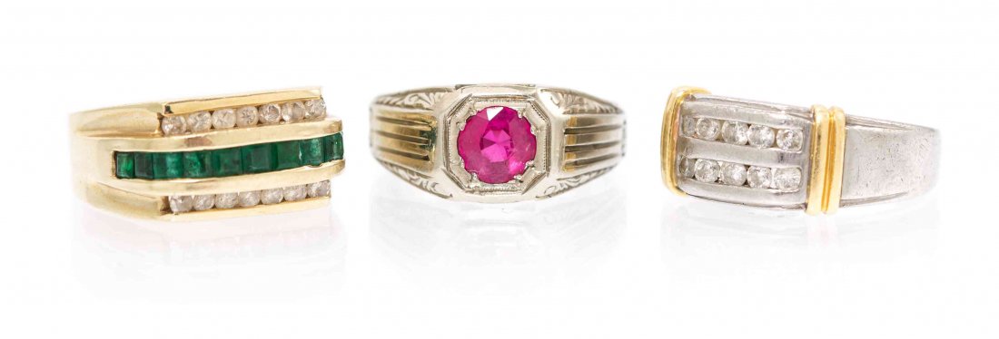 A Collection of Platinum, Gold, Diamond, Emerald and: A Collection of Platinum, Gold, Diamond, Emerald and Synthetic Ruby Rings, consisting of an 18 karat white gold ring containing one round mixed cut synthetic ruby weighing approximately 1.00 carats, a