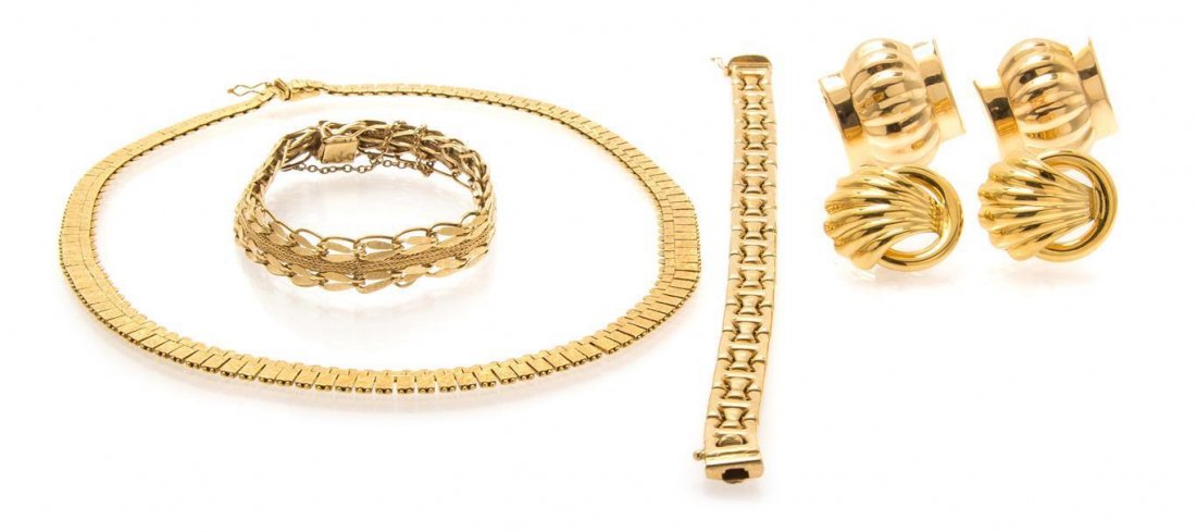 A Collection of Yellow Gold Jewelry, 60.20 dwts.: A Collection of Yellow Gold Jewelry, containing two link bracelets, one open work mesh bracelet, two pairs of earclips and one textured flat link necklace. Necklace stamp: 18k. Bracelets stamp: 14K. 6