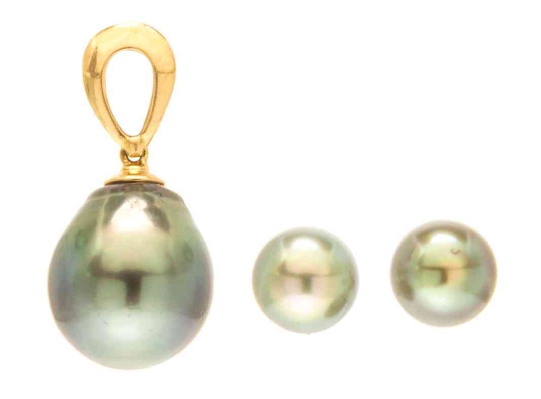 A Collection of Yellow Gold and Tahitian Pearl Jewelry,: A Collection of Yellow Gold and Tahitian Pearl Jewelry, consisting of a pair of earrings containing two round grey pearls measuring approximately 9.42 mm in diameter and a pendant containing a semi ba