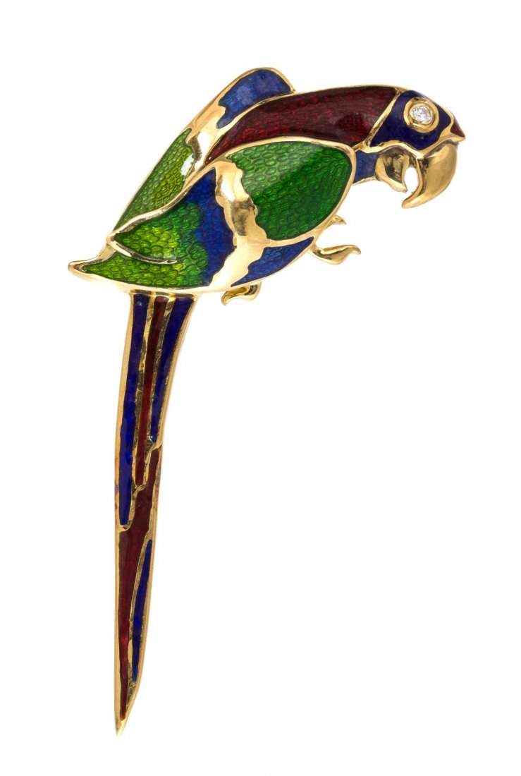 An 18 Karat Yellow Gold, Polychrome Enamel and Diamond: An 18 Karat Yellow Gold, Polychrome Enamel and Diamond Parrot Brooch, Mavito, containing one round brilliant cut diamond weighing approximately 0.03 carat with green, blue, and red enamel accents. Sta