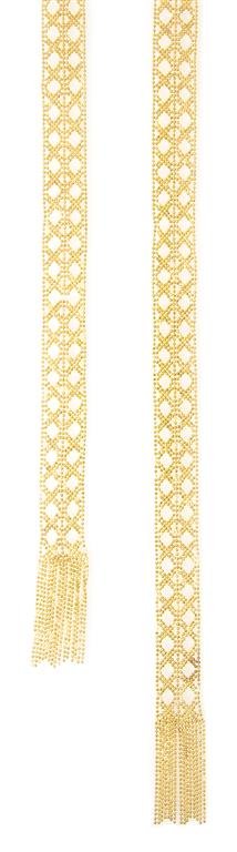 An 18 Karat Yellow Gold Beaded Chain Scarf, Japan,: An 18 Karat Yellow Gold Beaded Chain Scarf, Japan, measuring approximately 12.50 mm in width and consisting of 1 mm gold ball chain woven in a band of criss crossing designs with tassel ends. Stamp: J