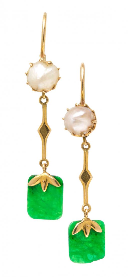 A Pair of 18 Karat Yellow Gold, Jade and Cultured Pearl: A Pair of 18 Karat Yellow Gold, Jade and Cultured Pearl Earrings, containing two pearls and two square green jade plaques. Stamp: 18K ZW. 2.50 dwts. Property from the Estate of Alan D. Katz, Boulder, 