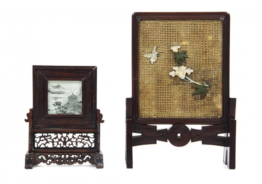 Two Chinese Tablescreens, Height overall of taller 9: Two Chinese Tablescreens, the first having a caned mat and inlaid decoration, the hardwood frame having pierced carved coin motif, the second of a square form with etched landscape and pavilion decora