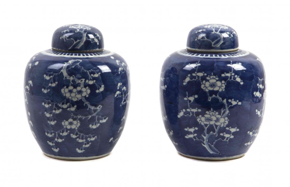 A Pair of Chinese Porcelain Ginger Jars and Covers,: A Pair of Chinese Porcelain Ginger Jars and Covers, 19th Century each depicting flowering prunus branches, with a collar of lappets above the shoulder. Height 10 1/4 inches. Property from the Hugh Joh