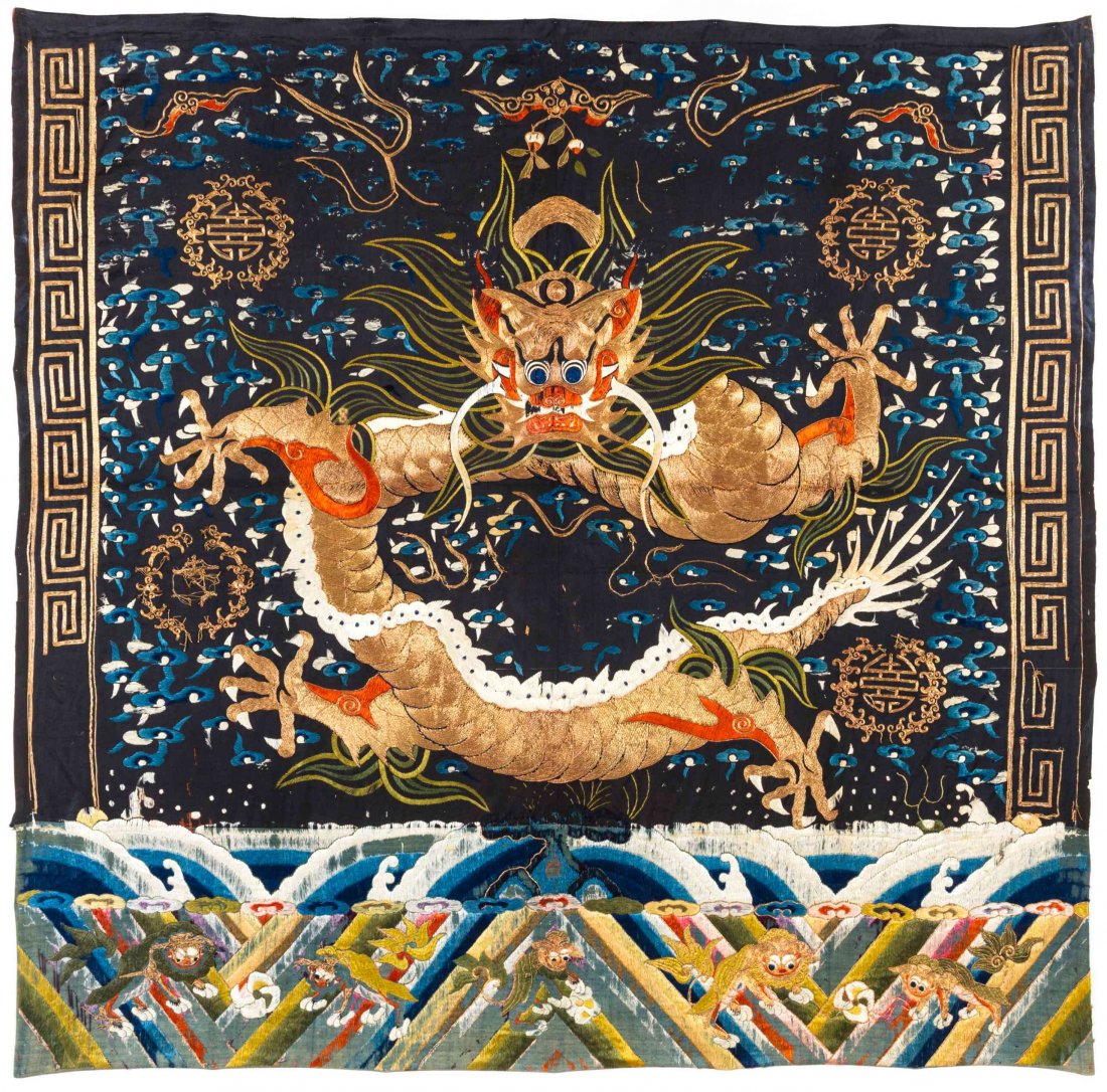 A Chinese Embroidered Silk Panel, Height 59 x width 60: A Chinese Embroidered Silk Panel, Qing Dynasty (1644-1911) depicting a forward facing five-clawed dragon, executed in gilt-wrapped threads, amongst couched blue silk ruyi clouds, gilt-wrapped thread s