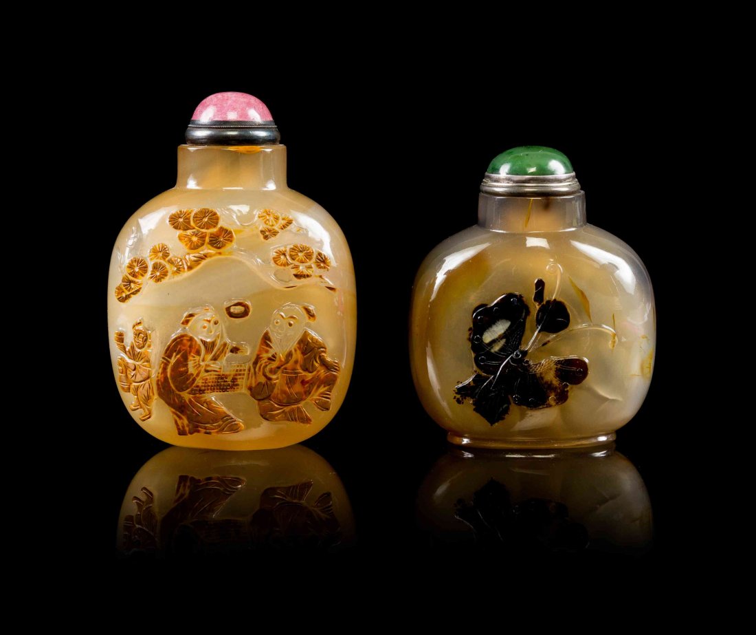 Two Agate Snuff Bottles, Height of tallest 3 3/4: Two Agate Snuff Bottles, the first depicting sages seated beneath a pine, with a rose quartz lid, the second a shadow agate example depicting a butterfly. Height of tallest 3 3/4 inches.